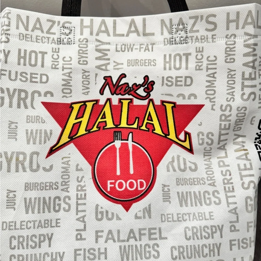 NWOT Naz's Halal Food Logo Reusable Tote Bag - White with Red & Yellow 14 x 10